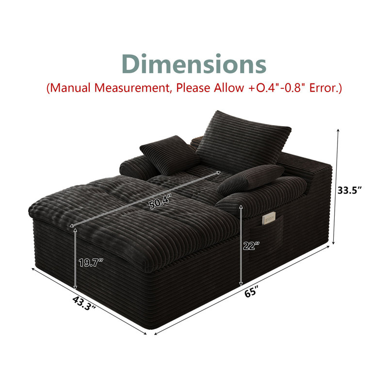 Chaise longue en velours côtelé 43 po, Black