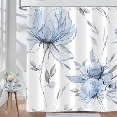 Rideau de douche à motif aquarelle bleu-gris, rideaux de douche à motif de fleurs minimalistes, tissu en polyester imperméable avec 12 crochets, 72 po x 72 po