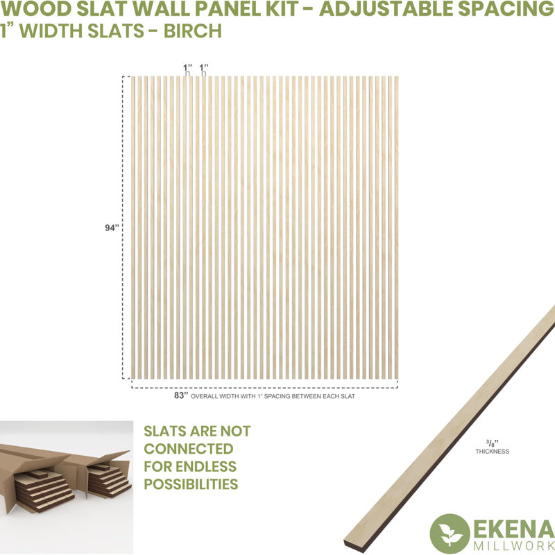 Ensemble de panneaux muraux réglables à lattes de bois, L 83 po x H 94 po x P 0,375 po, Bouleau