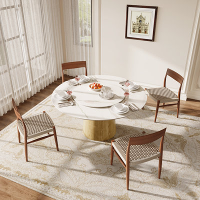  Dining Table Set With 6 Rattan-Woven Chairs & Lazy Susan – Elegant Sintered Stone Pattern Tabletop, Modern Elegant Style Dining Furniture Ffor Home & Kitchen