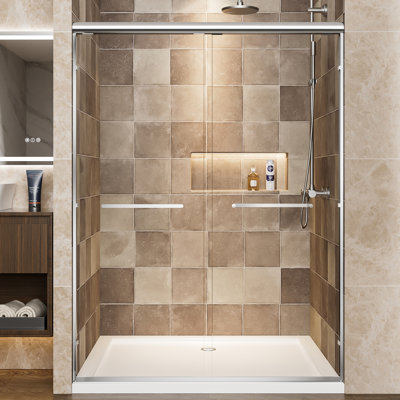 Aluminum Frame 54" W X 72" H Double Sliding Shower Door With 1/4" Clear Tempered Glass, - Proof Film, Reversible Installation, Corrosion Handles, Waterproof For Bathroom High Wide Shatter Dual
