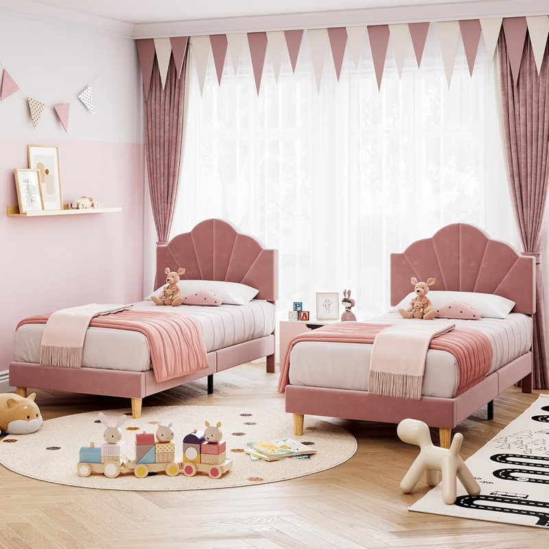 Structure de lit rembourrée en velours avec tête de lit réglable, Rose