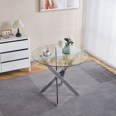 35” Round Glass Dining Table with Adjustable Metal Legs, Glass Kitchen Table for Small Spaces, Apartment & Dining Room