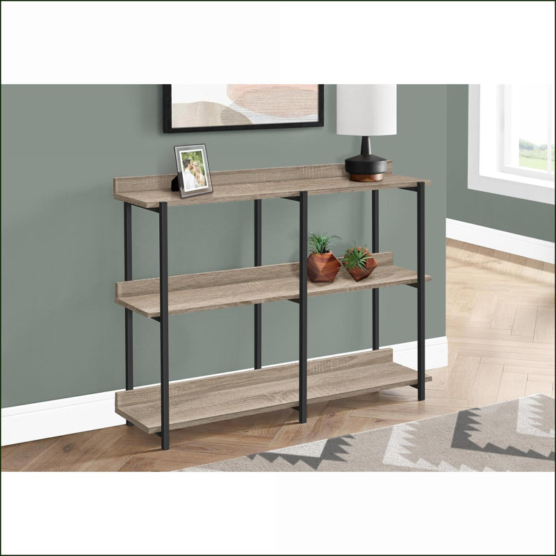 Console contemporaine à 3 niveaux avec tablettes de rangement, taupe foncé et amp; Cadre en métal noir pour le salon
