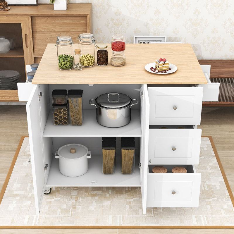 Îlot de cuisine mobile à 3 tiroirs avec plateau en bois Draden, Blanc