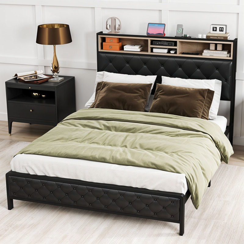 Naumann Upholstered Bookcase Storage Bed, Queen, Black