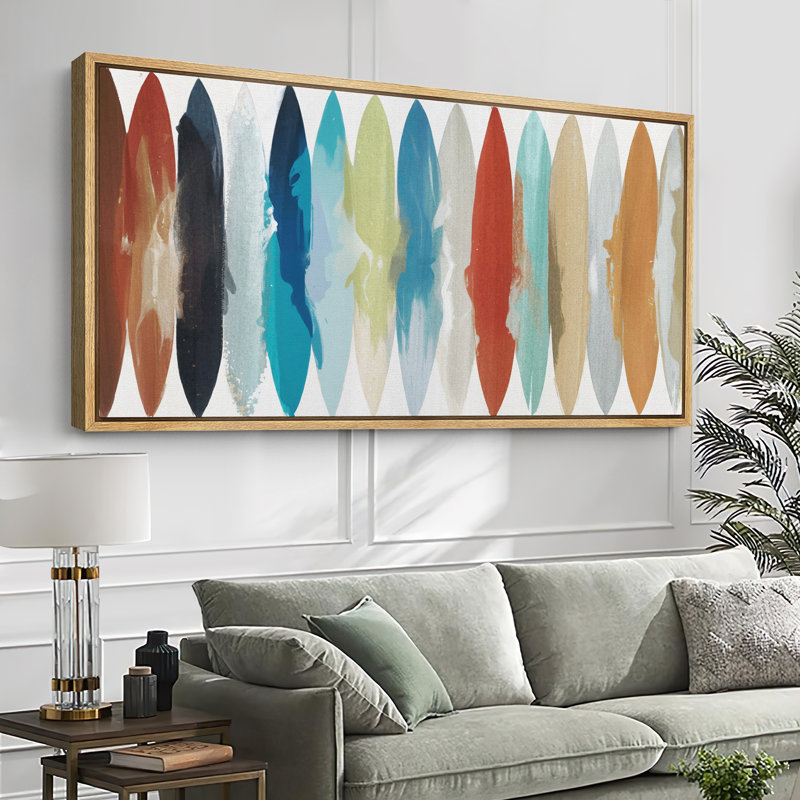 Colorful Surfboard Pattern Large Framed Canvas Print Wall Art, Eclectic Coastal Decor, 30" H x 60" W, Natural