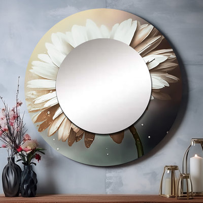 «Puanani White Gerbera Flowers II - Gerbera Unique Wall Mirror», miroir rond traditionnel, impression d'art en métal