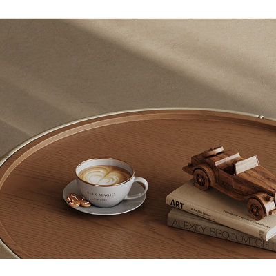 Round Creamy Coffee Table with Walnut Veneer