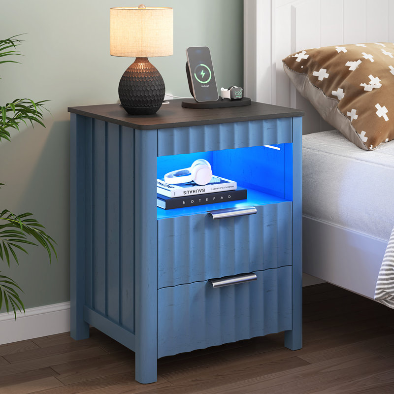  17.7'' W 2-Drawer Nightstand with LED Light and Charging Station, Navy