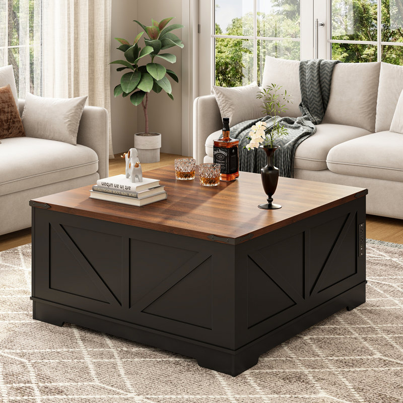 40” Large Farmhouse Lift Top Coffee Table with Power Outlets and Large Hidden Storage, Square Wood Living Room Table W/Large Hidden Space, Multi-Function Lift Wooden Barn Door Center Table, Black/ Brown Top