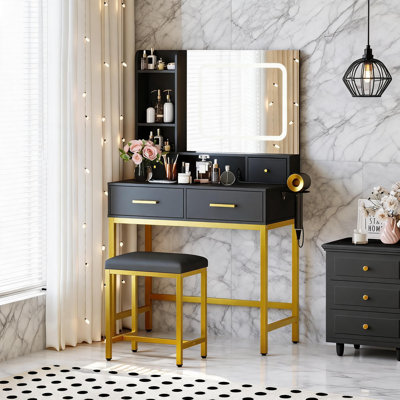 53" Makeup Vanity Set with LED Lighted Mirror (3 Color Modes) & Stool - 4 Drawers, 2 Storage Shelves, Power Outlet/USB Charging Station