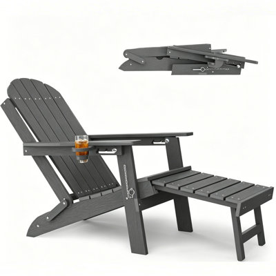 Foldable Adirondack Chair with Retractable Ottoman, Cup Holder All Weather Outdoor HDPE Adjustable Paio Chair for Lawn, Poolside, Fire pit, Grey