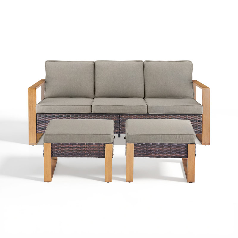 Bothwell 75" Outdoor Wicker Patio Sofa With Cushions And Ottomans – Deep Seating Outdoor Couch, Brown, Gray