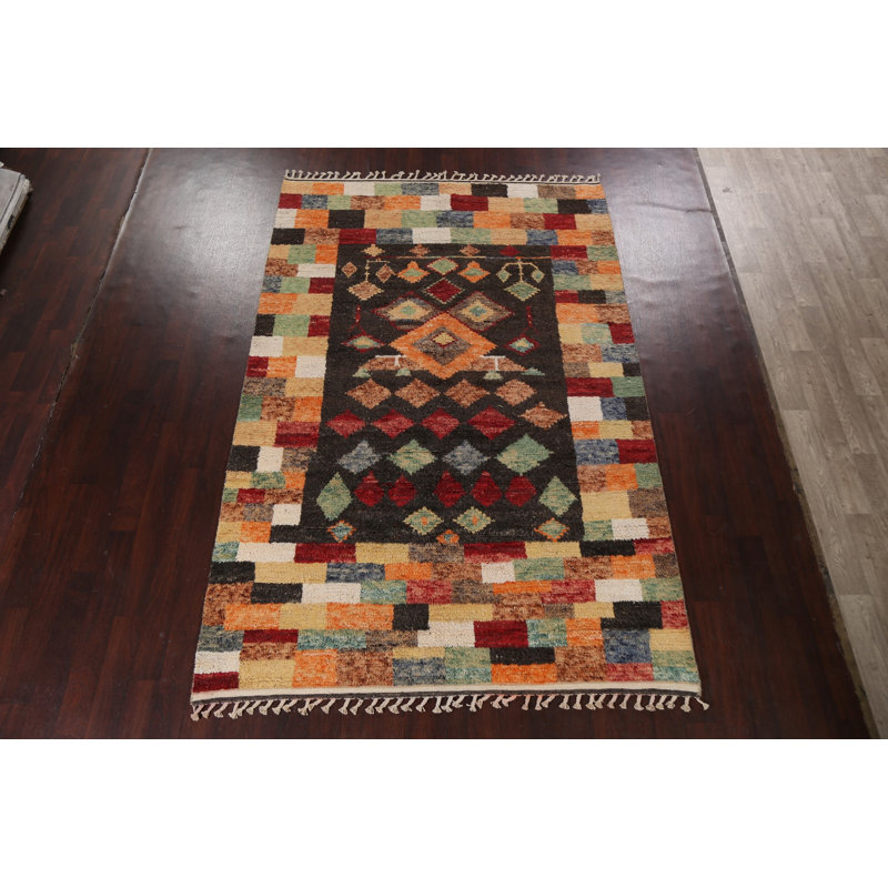 Tapis brun foncé en laine noué à la main de conception unique 6 pi 10 po x 10 pi 8 po