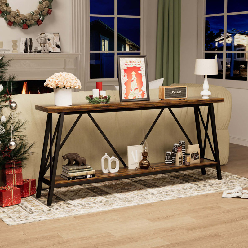 Table de canapé polyvalente et durable avec rangement supplémentaire et pieds réglables, table d'entrée avec tablettes de rangement à 2 niveaux