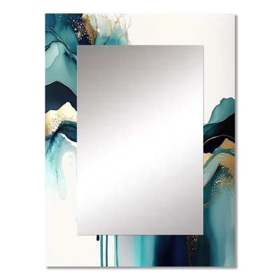 Teal And Gold Abstract Expression IV - Liquid Ink Decorative Mirror, Modern Wall Mirror, Printed Metal Art