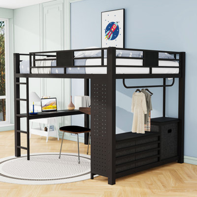 Grand lit mezzanine en métal 4 tiroirs avec bureau, tablettes et panneau perforé