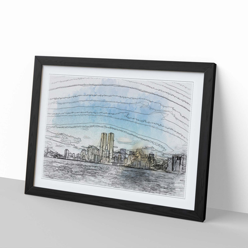 New York Skyline with the Twin Towers in Abstract - Picture Frame Graphic Art Print, 62cm H x 87cm W x 2cm D, Black Framed