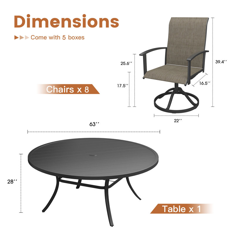 Ensemble de salle à manger 8 personnes avec table ronde de 60 po et 8 chaises pivotantes en textilène, Noir / brun