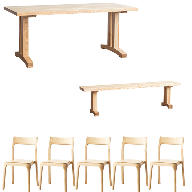 Modern simple rectangular solid wood table set, 29.5"H x 78.7"L x 31.4"W, 7