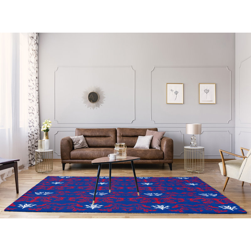 Tapis bleu marine / rouge Damask, Rectangle 9 pi x 12 pi