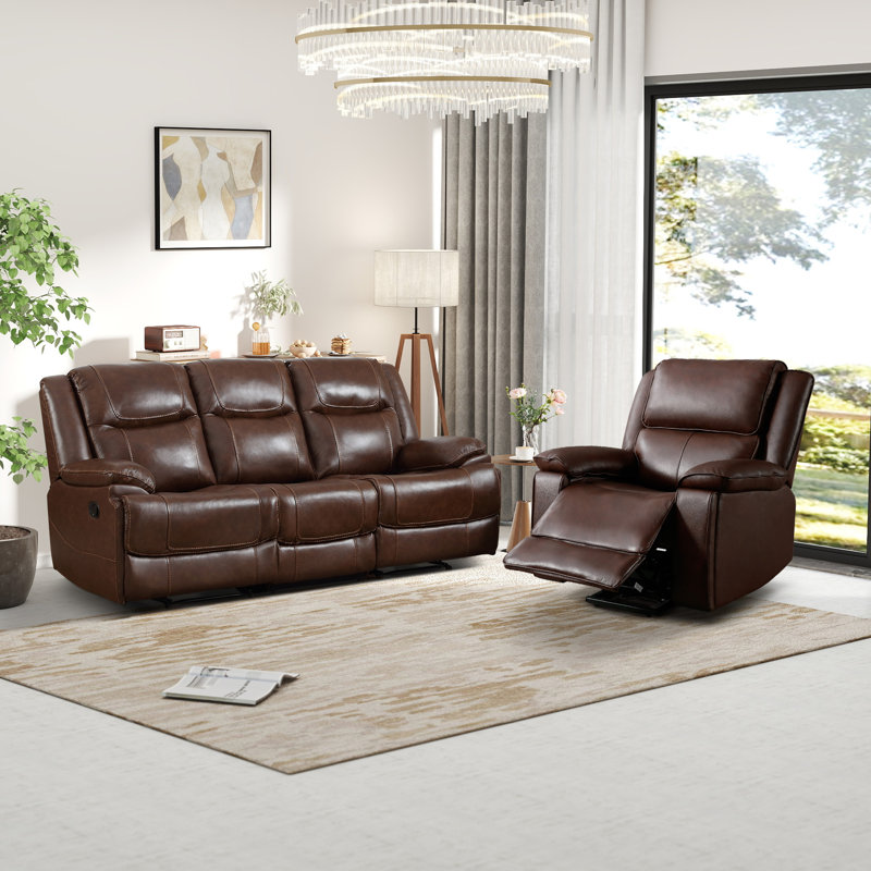 Ensemble de salon inclinable en cuir véritable de qualité supérieure 2 pièces avec porte-gobelets et poche latérale