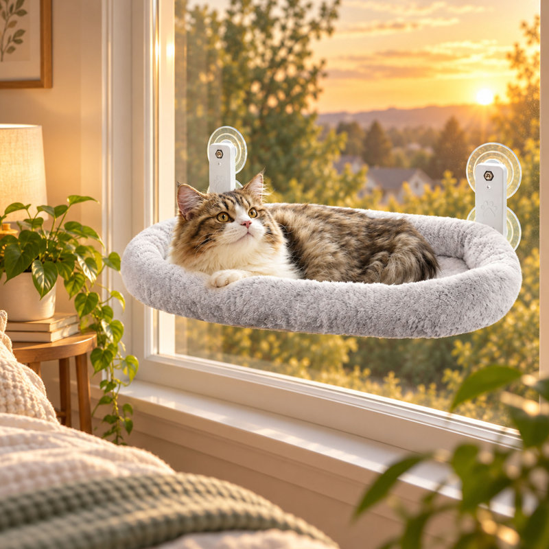 Grand perchoir sans fil pour chat à installer à la fenêtre, coussin réversible moelleux et ventouses