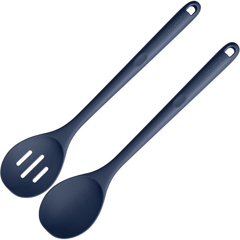 Cuillères en silicone résistantes à la chaleur de 600 ° F: cuillère de cuisine solide et rainurée U-Taste 13,3 po, long ustensile en caoutchouc antiadhésif, robuste pour mélanger, servir, remuer, égoutter (bleu minuit, 2 pièces)