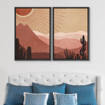 Soleil et lune abstrait, paysage de désert du sud-ouest, style Mid-Century moderne, images bohème minimalistes, impression numérique sur toile, impression numérique sur toile encadrée