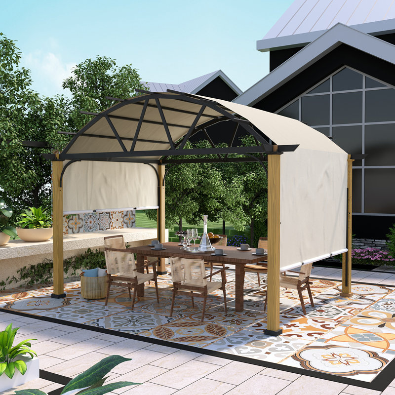 Wood Grain Aluminum Outdoor Pergola with Arched Canopy, 110.2" H x 157.5" W x 118.1" D