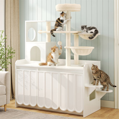 50.6"  Cat Tree With Litter Box Enclosure, 5Cat Tower With Sisal Scratching Post And Storage Space, Hidden Litter Enclosure Furniture, All-In-One Modern Cat Condo With House, Hammock And Perch