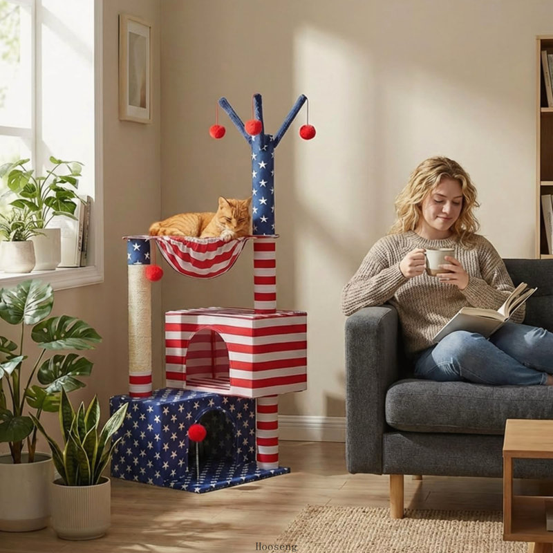 Arbre à chat drapeau américain pour chatons et chats âgés, tour de chat stable en coin de 45 po pour chat, étoile et rayures pour petits espaces avec 2 condos, hamac et griffoirs renforcés