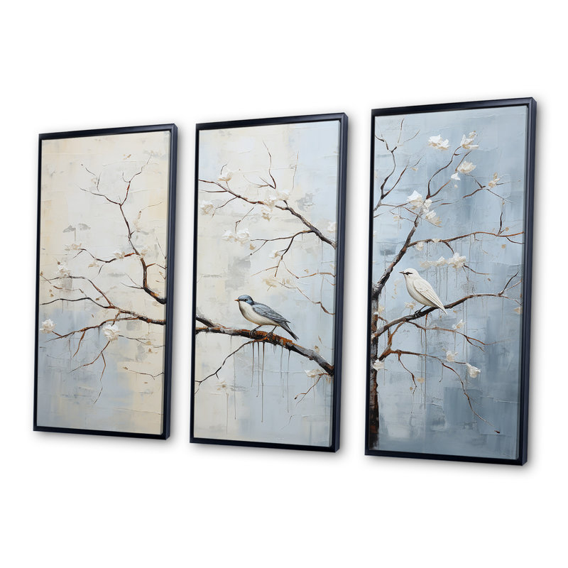 Gris printanier gris, oiseaux de printemps II - arbre, art mural, H 28 po x l 36 po x P 1 po, Cadre flottant noir