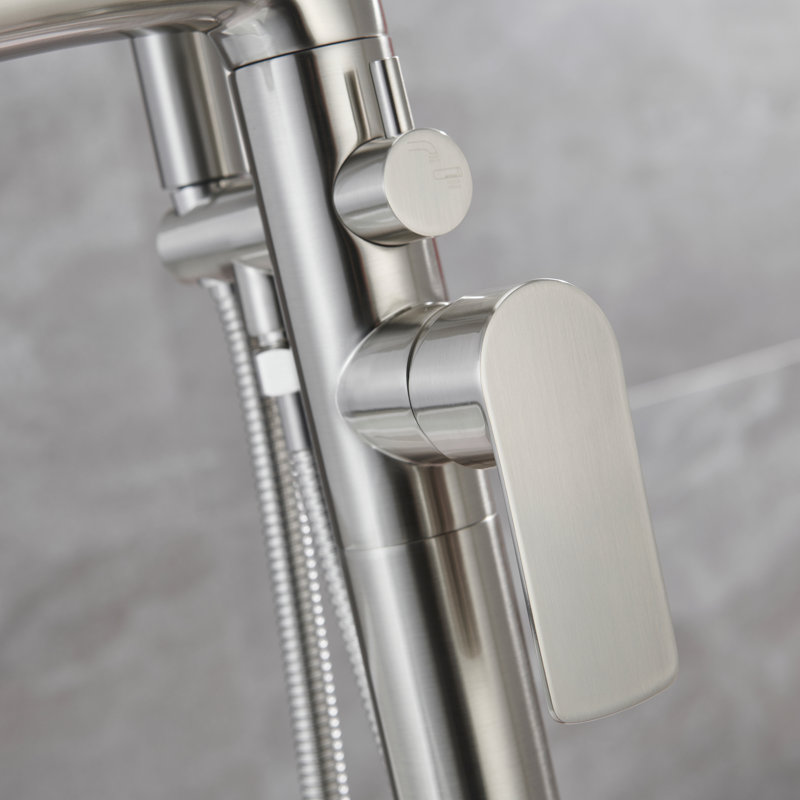 37.5" Solid Brass Floor Mounted Single Lever Handle Freestanding Tub Faucet, Waterfall Tub Filler With Handshower
