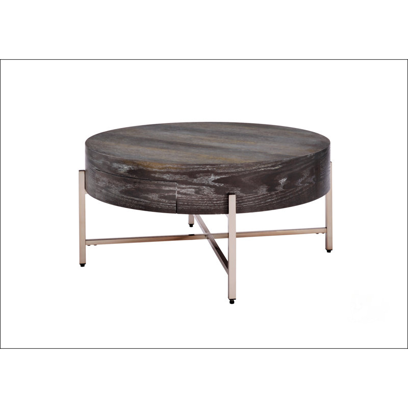 Table basse Weyton au fini brun clair et champagne avec rangement et base en X élégante en métal, parfaite pour les salons modernes.