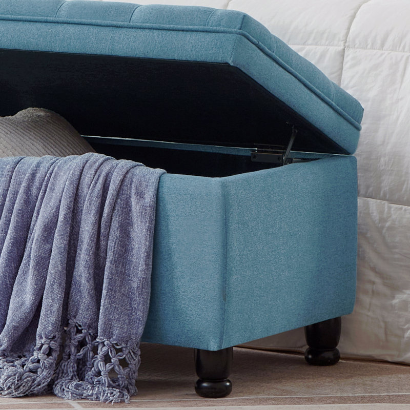 Banc de rangement rembourré capitonné à boutons, banc d'entrée en tissu de lin avec pieds en bois fuselés, banc de lit - bleu clair