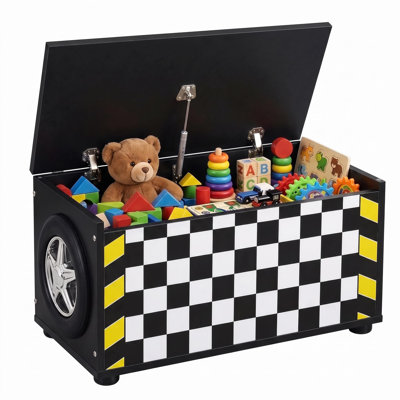Extra Large Race Car Storage Chest with Hinged Lid, Wooden Toy Box Organizer for Nursery or Playroom, Black