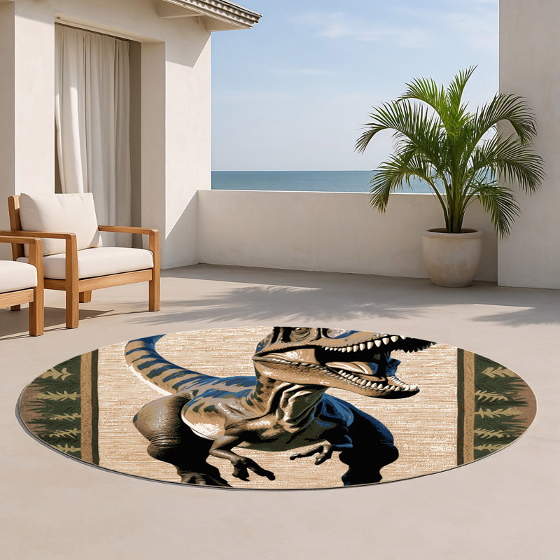 Tapis intérieur et extérieur beige Dinosaurs, Rond 5 pi