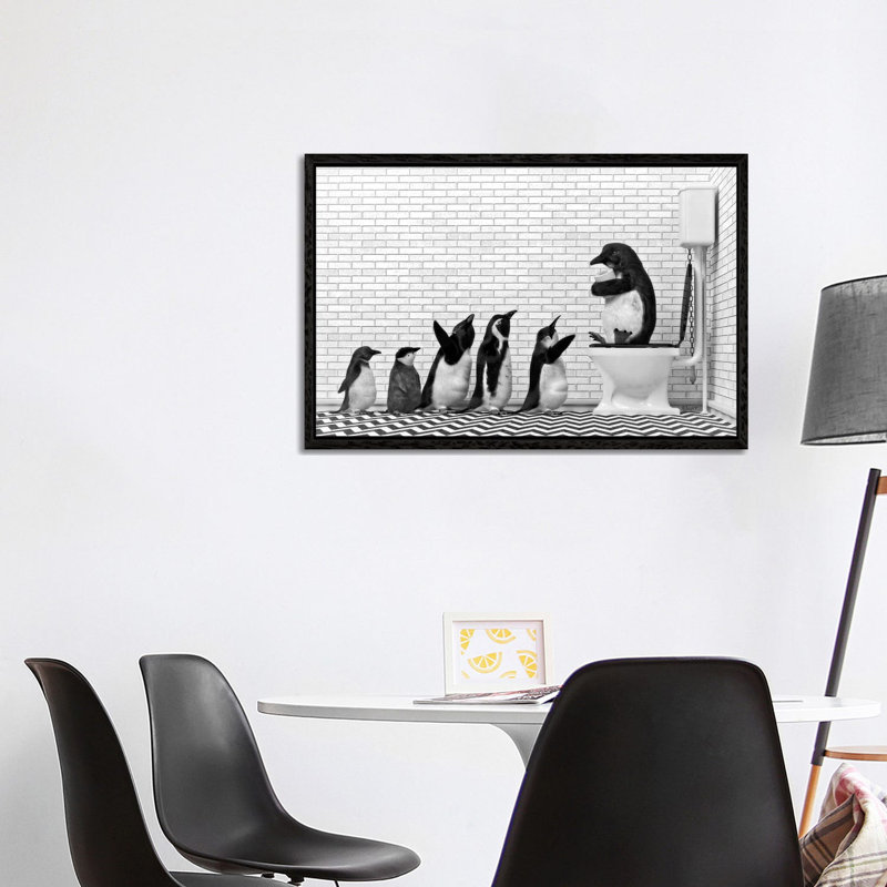 Penguin Family At The Toilet by Jauffrey Philippe - Gallery-Wrapped Canvas Giclée on Canvas, Black Floater Framed