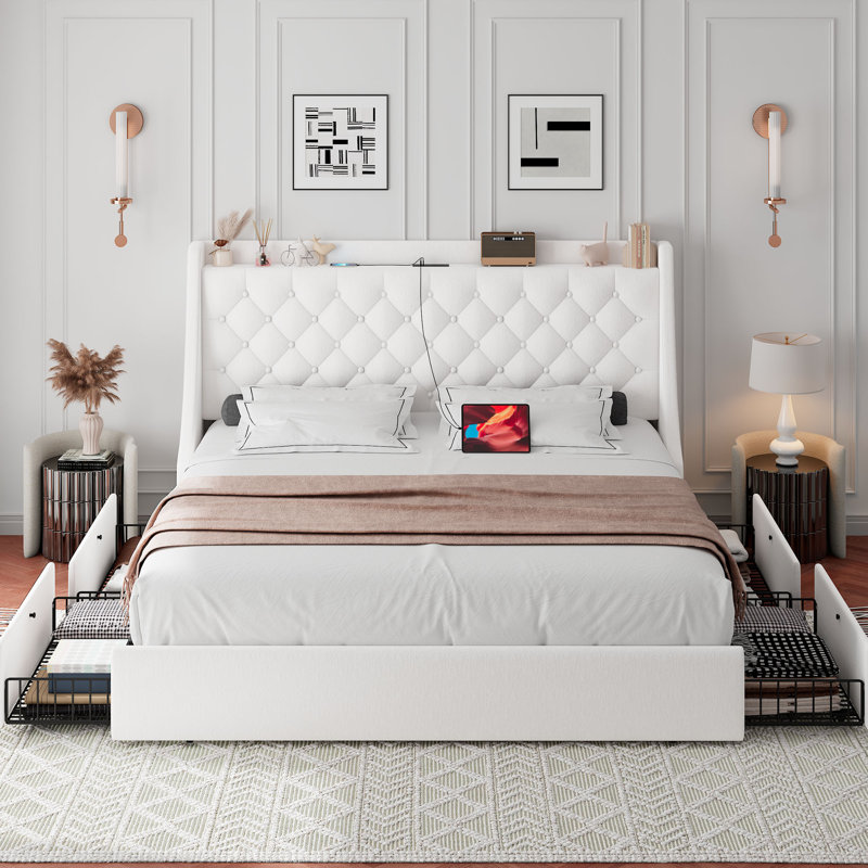  Queen Bed Frame With 4 Storage Drawers, Upholstered Platform Bed Frame With Type-c & Usb Ports, Wingback Storage Headboard,white
