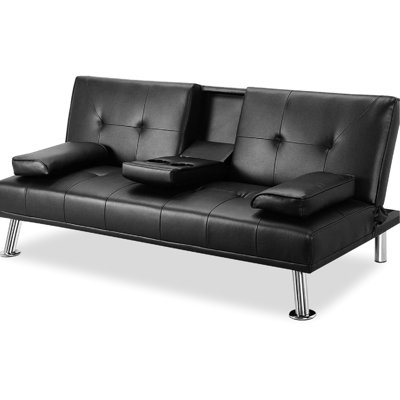 Salon noir en faux cuir, réglable, 2 porte-gobelets, pieds en métal, lit futon amovible, support, pour