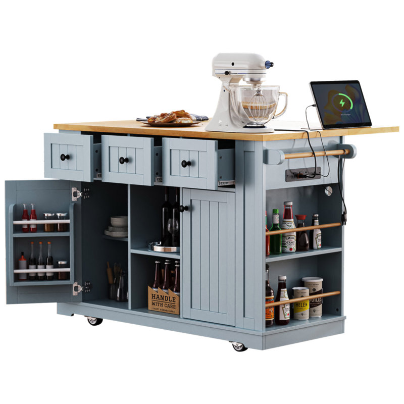 53Inch Large Kitchen Island With Drop Leaf,Power Outlet,Door Internal Storage Rack,Rolling Kitchen Cart On 5 Wheels With 5 Open Side Racks For Kitchen,Dining Room(Not Include Bar Stools)