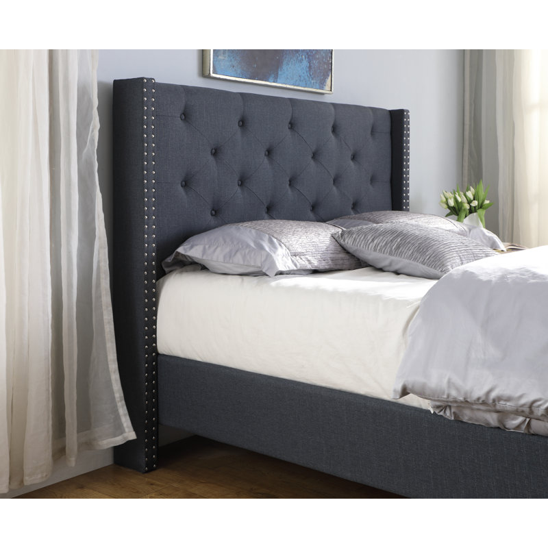 Lit plateforme bas capitonné Acklin, Bleu, Très grand