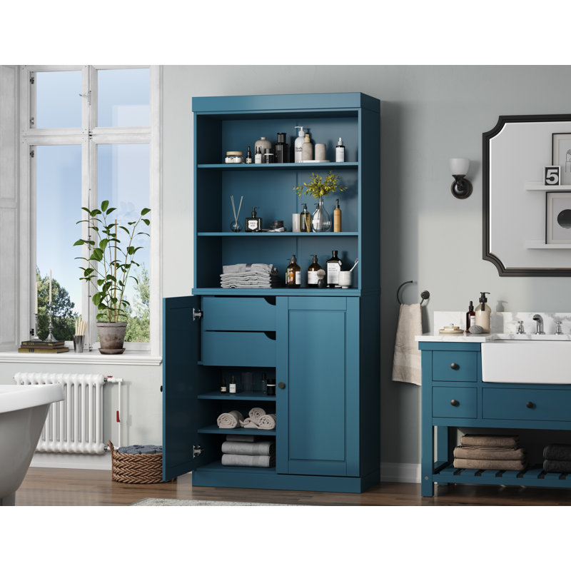 Armoire de salle de bain autoportante 100% bois massif 32 po avec portes solides, 2 tiroirs et tablettes réglables - Rangement de salle de bain moderne