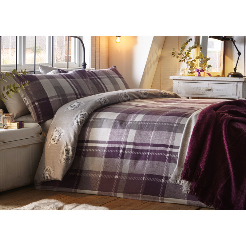 Plaid Duvet Cover Set with Pillowcases, Super King - 2 Standard Pillowcases, Plum
