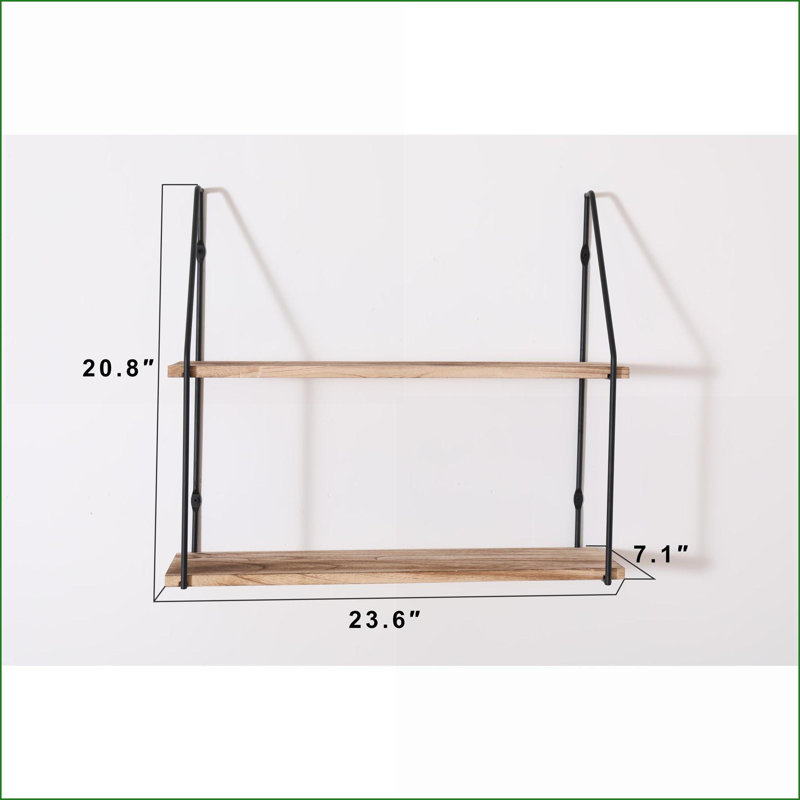2-Tier Rustic Natural Wood Floating Shelf, Wall Mounted Storage with Metal Brackets | Natural Wood | Metal &amp; Wood