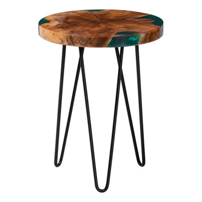 Bali & Pari Anan Teak Wood Epoxy Resin End Table - Round Live Edge Side Table With Black Metal Legs, Handcrafted Modern Rustic Accent Table For Living by 17 Stories