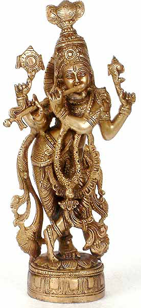 Statue de Krishna en laiton faite à la main de 11 po - seigneur indien traditionnel de la joie et de l'amour divin, sculpture artisanale, centre de table de décoration spirituelle