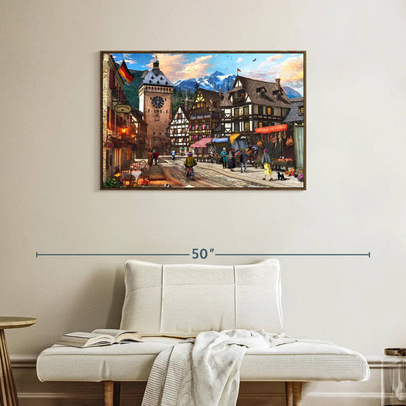 Village allemand, 37 po x 25 po, Cadre flottant noyer